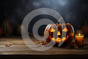 Elevate your Halloween displays with a jack o lantern on a wooden table