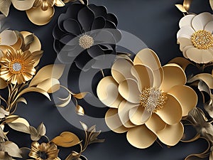 Elevate Your Space with a 3D Mural Wallpaper Featuring Golden and Black Flowers and Leaves.