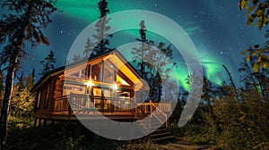 An elevated cabin with a spacious deck providing a cozy spot to watch the aweinspiring light show of the Aurora Borealis