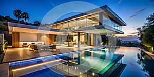 Elevated Dusk View Modern Villa, Infinity Pool, Hillside Sunset