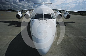 Elevated front wide angle view Bae-146 jet aircraft