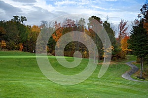 Elevated Golf Green and Flag in Fall Season