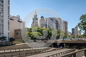 Elevated highway known as Minhocao Elevado Presidente Joao Goulart with Nossa Senhora da Consolacao Church - Sao Paulo, Brazil