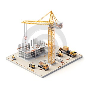 Elevated isometric view of construction site with crane