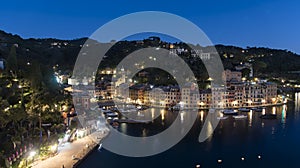 Elevated night scene of the waterfront, Portofino