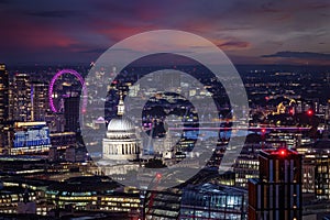 Elevated night view of the skyline of London with St. Pauls Cathedral