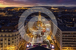 Elevated, panoramic view over the illuminated skyline of Budapest