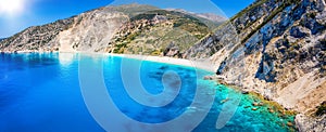 Elevated, panoramic view to the beautiful Myrtos beach. Kefalonia, Greece