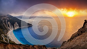 Elevated, panoramic view to the famous Myrtos beach on the island of Kefalonia, Greece