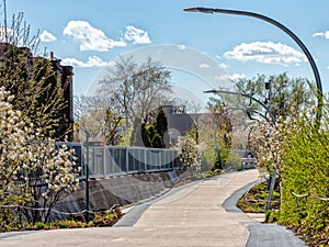The 606 elevated pedestrian trail running path in Humboldt Park. Bloomingdale Trail. Streets of Chicago photo
