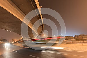 Elevated road and traffic in motion blur at night, Beijing, China