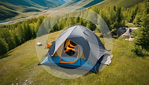 Elevated Serenity: Man Hiker Relaxing Around Camping House in Aerial View