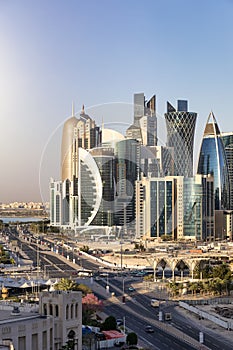 Elevated sunrise view of the urban skyline of Doha, Westbay, Qatar