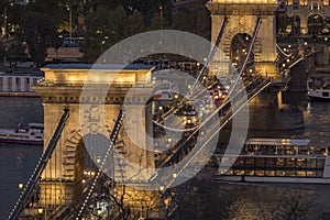 Elevated twilight shot of Chain Bridge Budapest