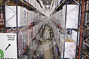 Elevated view of aisle between storage units in a warehouse photo
