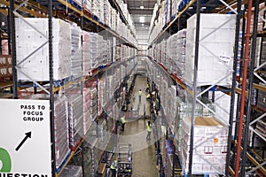 Elevated view of aisle between storage units in a warehouse