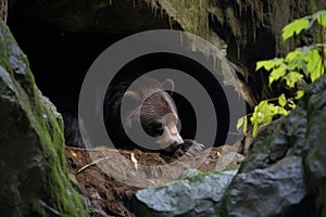 an elevated view of a bear hibernating in a cave