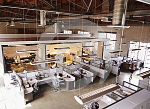 Elevated view of a busy open plan office