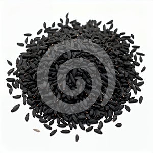 Pile of dark elongated grains displaying nutritional richness on white background