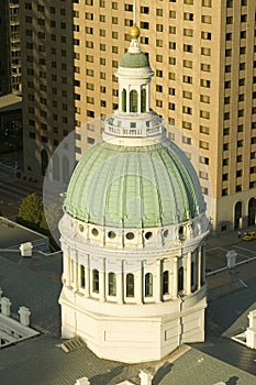 Elevated view of dome of Saint Louis Historical Old Courthouse, Federal Style architecture built in 1826 and site of Dred Scott