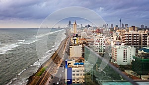 Elevated view of downtown Colombo with coast and railway line in Colombo, Sri Lanka