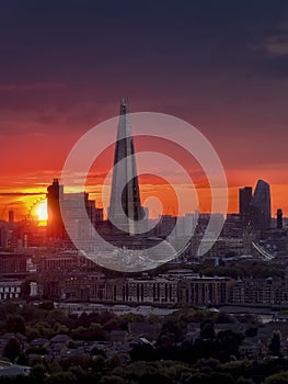 Elevated view of the London skyline during a cloudy sunset