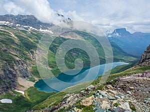 Elevated view looking down on a lake in the mountains of Glacier