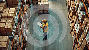 An elevated view of a male logistics supervisor using a digital tablet
