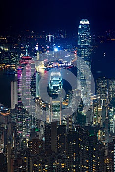 Elevated view of night scene of Hong Kong victoria harbor