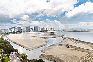 Elevated view of Penang`s Gurney Drive sea reclamation