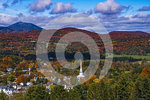 elevated view of picture perfect Stowe Vermont in Autumn Color photo