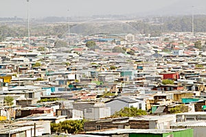 Elevated view of shanty towns or Squatter Camps, also known as bidonvilles, in Cape Town, South Africa