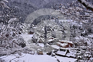 Elevated view of Shirakawa-go in winter, a UNESCO world heritage site in Japan