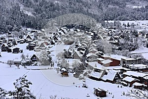 Elevated view of Shirakawa-go in winter, a UNESCO world heritage site in Japan