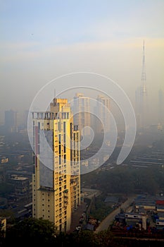 Elevated view smog filled Bombay Skyline