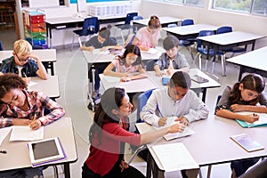 Elevated view of teacher and class of elementary school kids photo