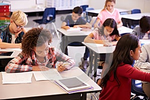 Elevated view of teacher and kids in elementary school class photo