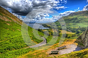 Elevated view of Ullswater Lake District Cumbria England UK from Hallin Fell in summer like painting in HDR