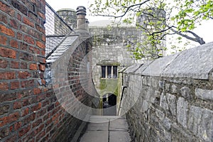 Elevated walkway on York City Walls, Bar Walls or Roman walls, ancient monument encircling historic City of York, England, UK