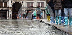 Elevated walkways for walking during high tide in San Marco square in Venice