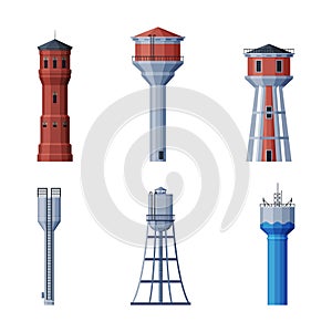 Elevated Water Tower with Tank as Water Supply Storage Vector Set