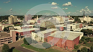 Elevating up over the downtown urban area of Clarksville in Northern TN