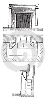 Elevation, plan and section, vintage engraving