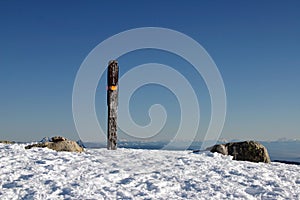 A elevation sign in snow mountain