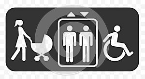 Elevator accessibility sign. Lift, mother with baby stroller, disabled icons