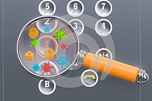 Elevator buttons with germs and bacterias under magnifying glass. 3D rendering