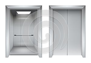 Elevator doors. Closing and opening lift metallic in office building vector realistic 3d pictures