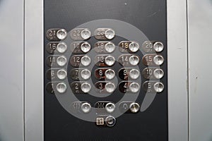 Elevator lift buttons keypad. Push car operating panel, COP panel pressing. Calling the lift inside the cabin