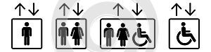 Elevator lift icon man, woman, invalid and arrows up down icons set. Elevator, lift icons.