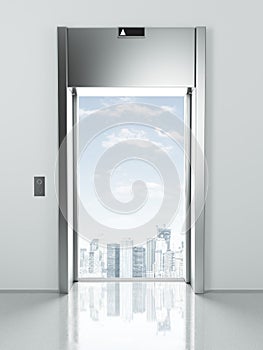 elevator with opened doors to city